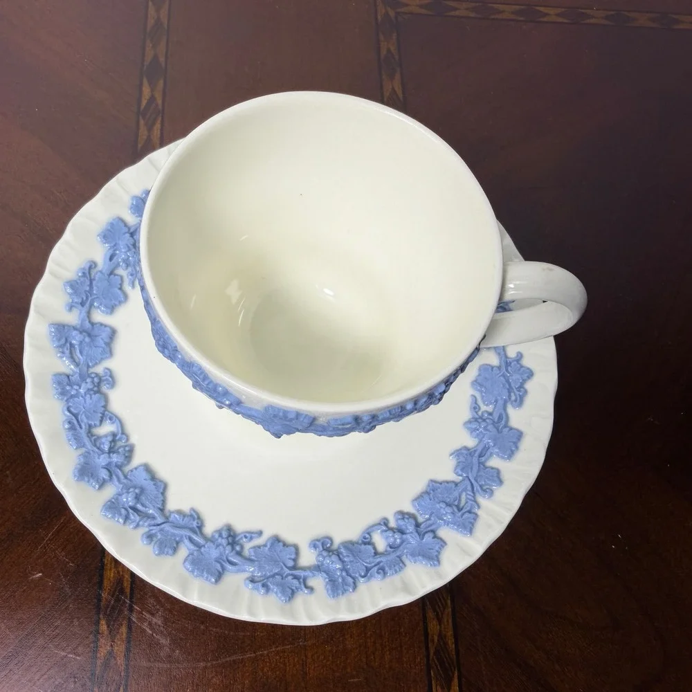 Vintage Wedgwood Queensware Blue Grapevine Tea Cup Saucer Grandmillennial Decor